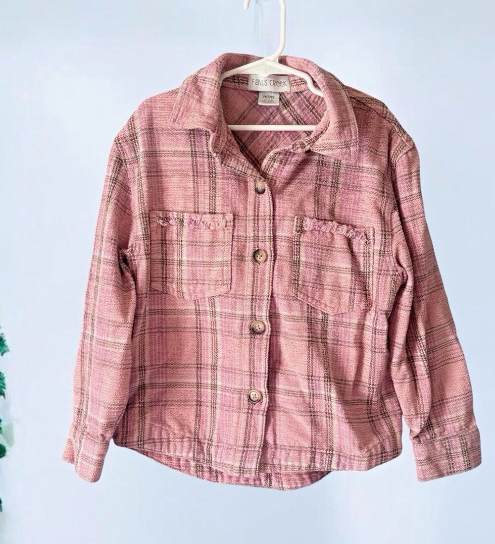 Vintage Falls Creek Girls Size M 7/8 Flannel Jacket Long Sleeve Pink Plaid